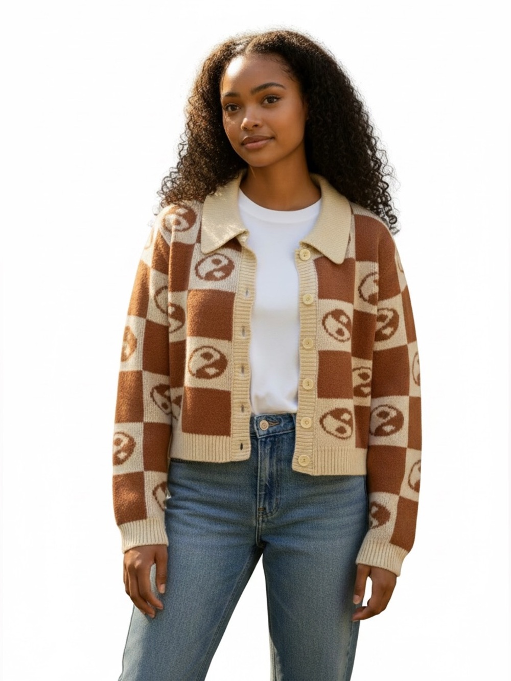 EARTHBOUND Checker Knit Cardigan Sweater in Cream & Brown